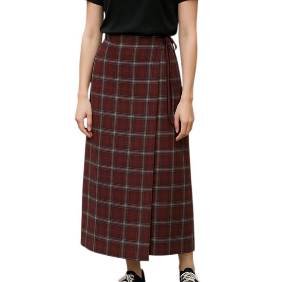 VTG Bonnie & Norma Plaid Wrap Midi Skirt Sz.M Burgundy Tartan Academia 90s Y2K - Picture 8 of 15